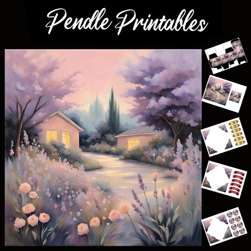 Pastel Art: Pink Sky At Night Garden 7x7 Card Kit. Matching Box, Gift Bauble,Tag