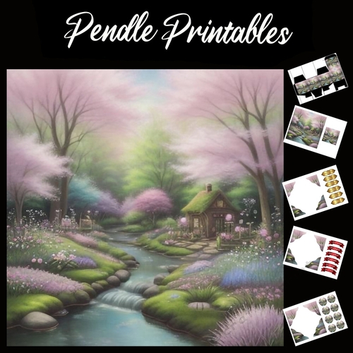 Pastel Art: Stream Cottage 7x7 Card Kit. Matching Box, Gift Bauble,Tag