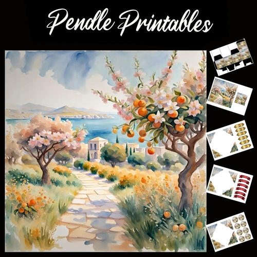 Pastel Art: Ocean Orchard Path 7x7 Card Kit. Matching Box, Gift Bauble,Tag