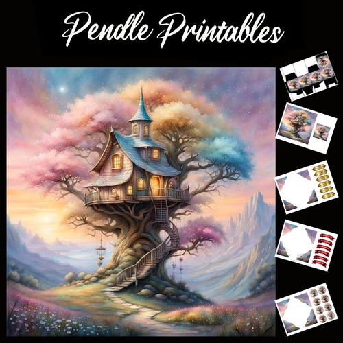 Pastel Art: House In The Tree 7x7 Card Kit. Matching Box, Gift Bauble,Tag