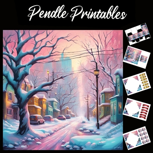 Pastel Art: Snow Street 7x7 Card Kit. Matching Box, Gift Bauble,Tag