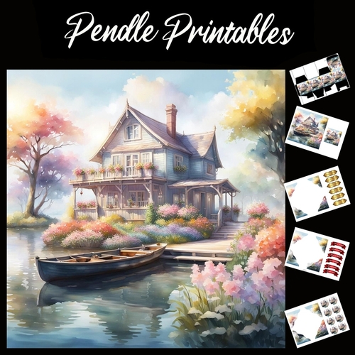 The Boat House Painting 7x7 Card Kit. Matching Box, Gift Bauble,Tag