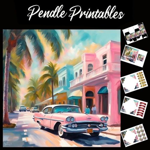 Pastel Art: Pink Cadillac 7x7 Card Kit. Matching Box, Gift Bauble,Tag