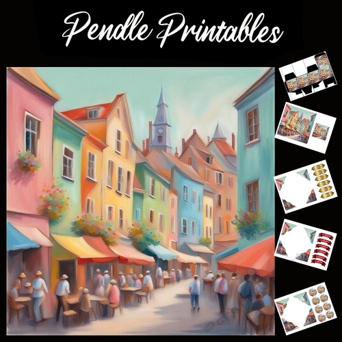 Pastel Art: Colourful Street 7x7 Card Kit. Matching Box, Gift Bauble,Tag