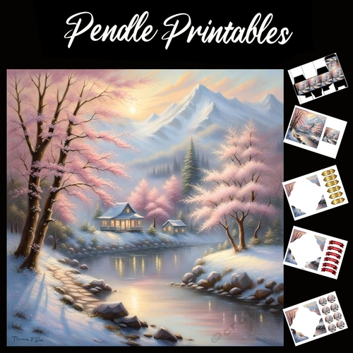 Pastel Art: Mountain River Cabin 7x7 Card Kit. Matching Box, Gift Bauble,Tag