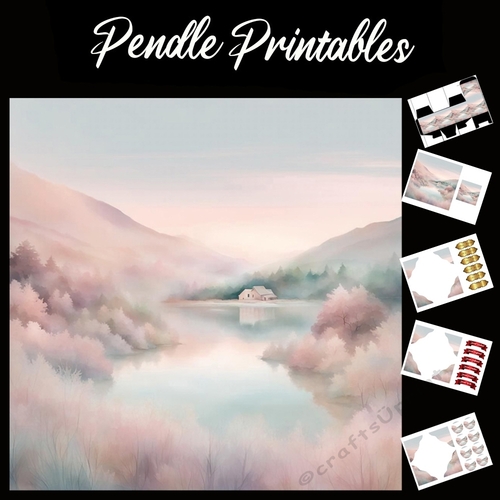 Pastel Art: Misty Lake Cabin 7x7 Card Kit. Matching Box, Gift Bauble,Tag
