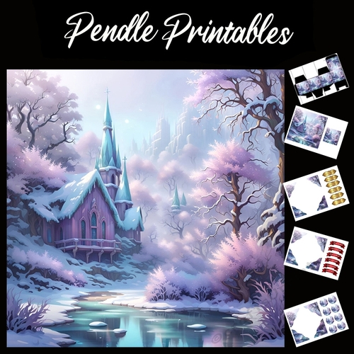 Pastel Art: Little Purple Chapel 7x7 Card Kit. Matching Box, Gift Bauble,Tag