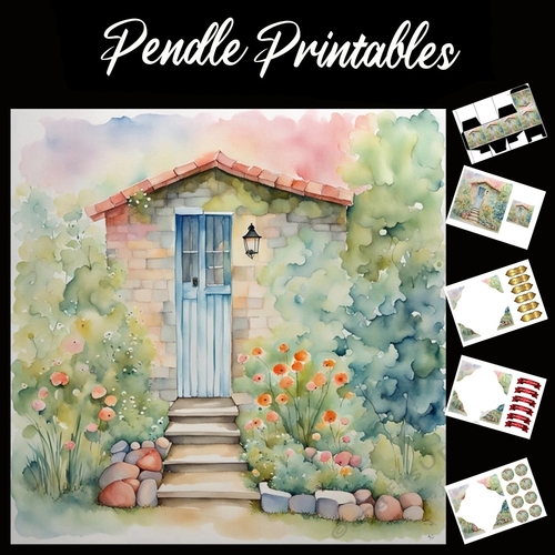 Pastel Art: Little Flower Shed 7x7 Card Kit. Matching Box, Gift Bauble,Tag