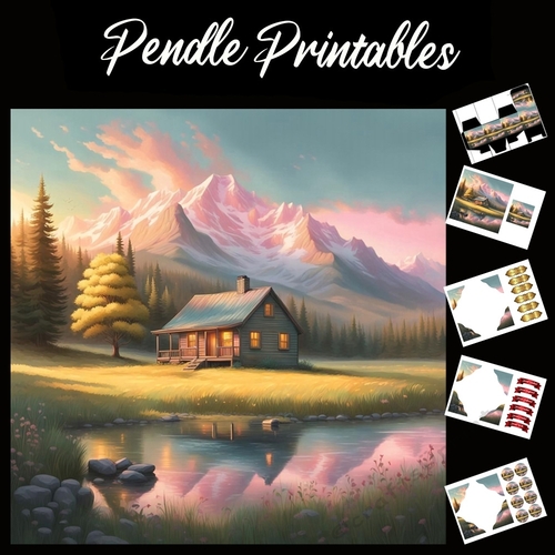 Pastel Art: Mountain View Cabin 7x7 Card Kit. Matching Box, Gift Bauble,Tag