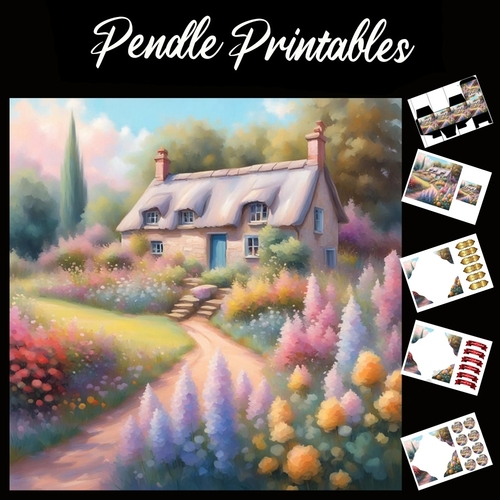 Pastel Art: Thatched Cottage 7x7 Card Kit. Matching Box, Gift Bauble,Tag