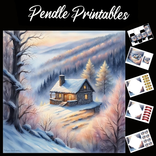 Pastel Art: Snow Hill 7x7 Card Kit. Matching Box, Gift Bauble,Tag