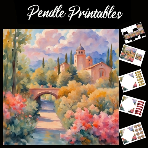 Pastel Art: Little Bridge 7x7 Card Kit. Matching Box, Gift Bauble,Tag