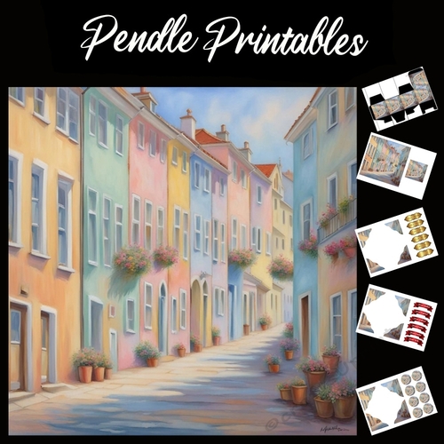 Pastel Art: Quaint Terrace 7x7 Card Kit. Matching Box, Gift Bauble,Tag