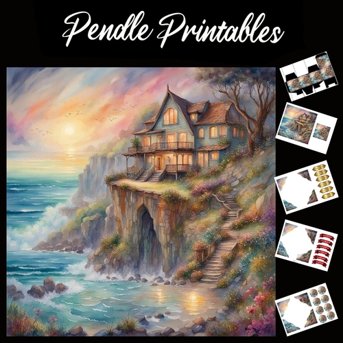 Pastel Art: Seaview Inn 7x7 Card Kit. Matching Box, Gift Bauble,Tag