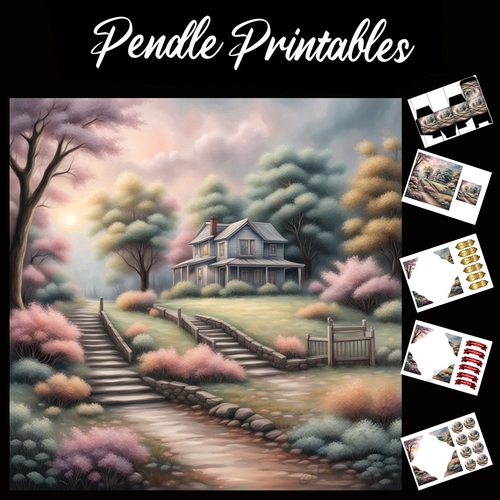 Pastel Art: Cabin In The Woods 7x7 Card Kit. Matching Box, Gift Bauble,Tag