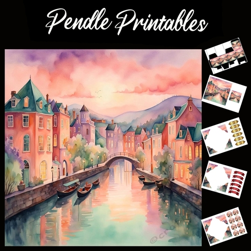 Pastel Art: The Canals Bridge 7x7 Card Kit. Matching Box, Gift Bauble,Tag
