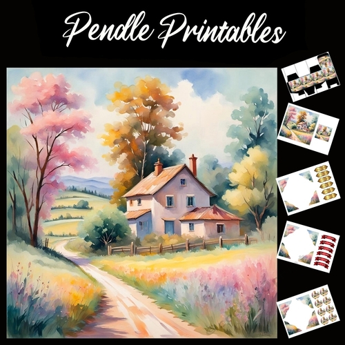 Pastel Art: The Pink House 7x7 Card Kit. Matching Box, Gift Bauble,Tag