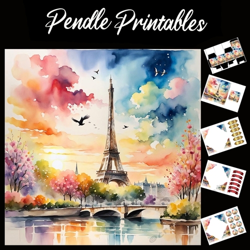 Watercolour Eiffel Tower 7x7 Card Kit. Matching Box, Gift Bauble,Tag
