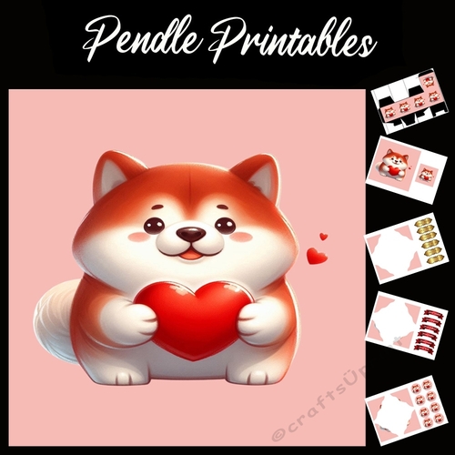 Puppy Love: Cute Akita  7x7 Card Kit. Matching Box, Gift Bauble,Tag
