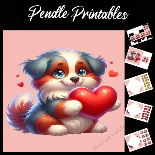 Puppy Love: Cute Australian Shepherd 7x7 Card Kit. Matching Box, Gift Bauble,Tag