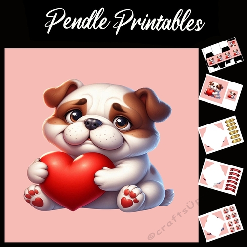 Puppy Love: Cute Bulldog 7x7 Card Kit. Matching Box, Gift Bauble,Tag
