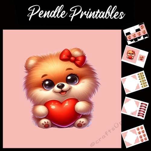 Puppy Love: Cute Pomeranian 7x7 Card Kit. Matching Box, Gift Bauble,Tag