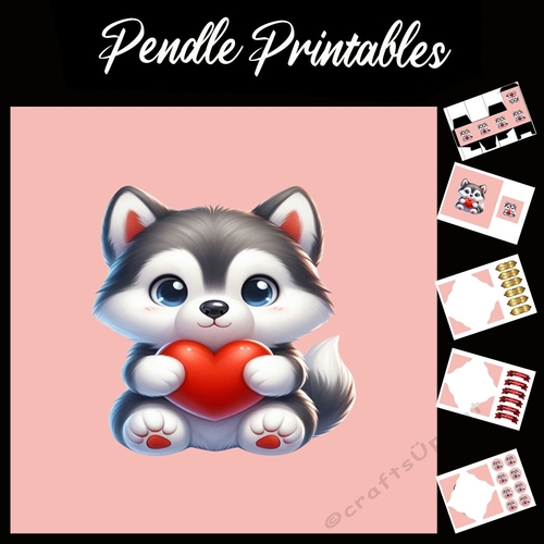 Puppy Love: Cute Husky 7x7 Card Kit. Matching Box, Gift Bauble,Tag