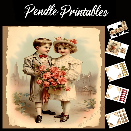 Antique Style Art: Little Boy & Girl 7x7 Card Kit. Matching Box, Gift Bauble,Tag