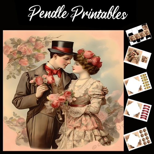 Antique Style Art: The Lovers 2 7x7 Card Kit. Matching Box, Gift Bauble,Tag