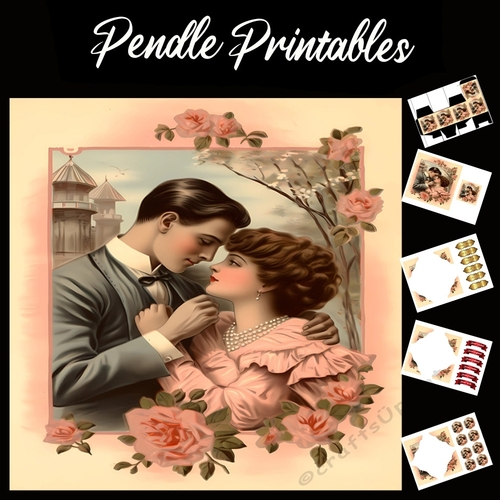 Antique Style Art: The Lovers 3 7x7 Card Kit. Matching Box, Gift Bauble,Tag