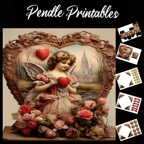 Antique Style Art: The Little Cherub 7x7 Card Kit. Matching Box, Gift Bauble,Tag