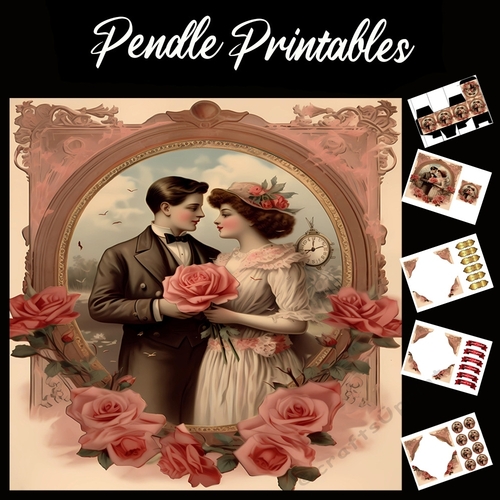 Antique Style Art: The Lovers 6 7x7 Card Kit. Matching Box, Gift Bauble,Tag