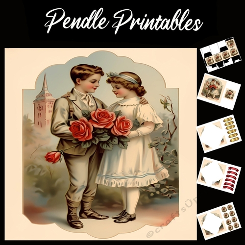 Antique Style Art: Little Boy & Girl 2 7x7 Card Kit. Matching Box, Gift Bauble,Tag