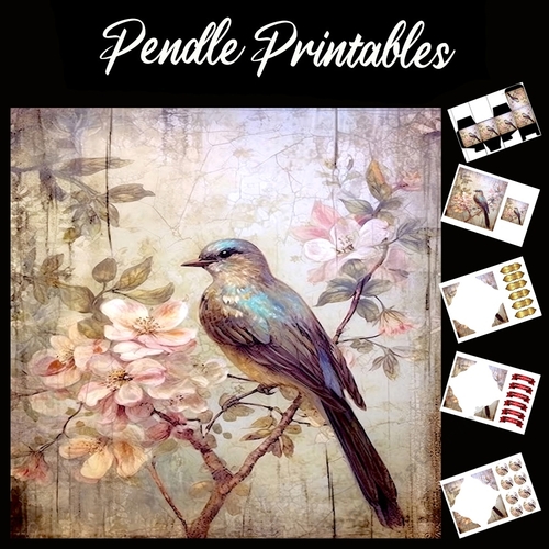 Antique Silk Screen Style Bird 1 7x7 Card Kit. Matching Box, Gift Bauble,Tag