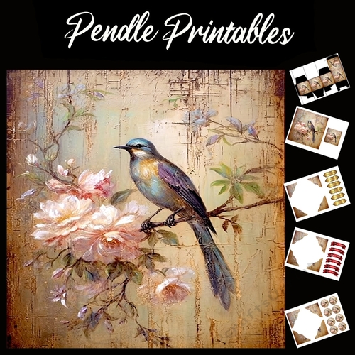Antique Silk Screen Style Bird 2 7x7 Card Kit. Matching Box, Gift Bauble,Tag