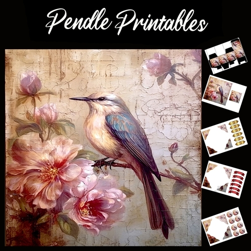 Antique Silk Screen Style Bird 3 7x7 Card Kit. Matching Box, Gift Bauble,Tag
