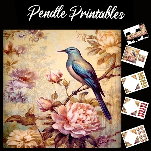 Antique Silk Screen Style Bird 7 7x7 Card Kit. Matching Box, Gift Bauble,Tag