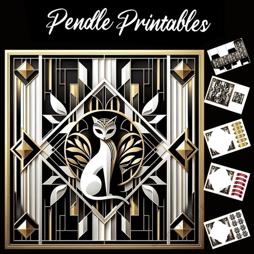 Art Deco Style: Cat 1 7x7 Card Kit. Matching Box, Gift Bauble,Tag