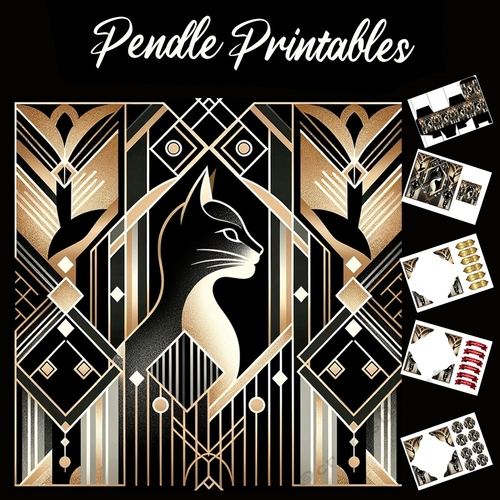 Art Deco Style: Cat 6 7x7 Card Kit. Matching Box, Gift Bauble,Tag