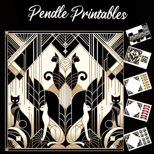Art Deco Style: Cat 7 7x7 Card Kit. Matching Box, Gift Bauble,Tag