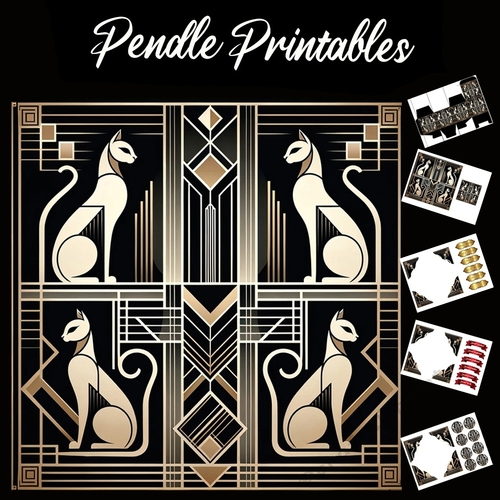 Art Deco Style: Cat 9 7x7 Card Kit. Matching Box, Gift Bauble,Tag
