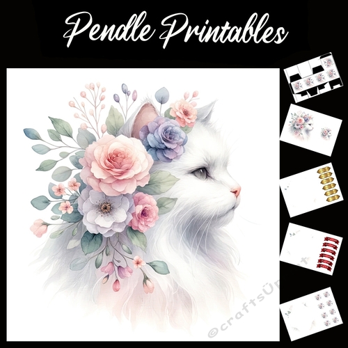 Cats In Bloom 4 7x7 Card Kit. Matching Box, Gift Bauble,Tag