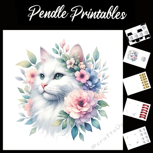 Cats In Bloom 5 7x7 Card Kit. Matching Box, Gift Bauble,Tag