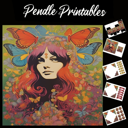 Beautiful Vintage Hippy Chick 11 7x7 Card Kit. Matching Box, Gift Bauble,Tag