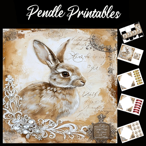 Crystal And Lace Rabbit/Hare 3 7x7 Card Kit. Matching Box, Gift Bauble,Tag
