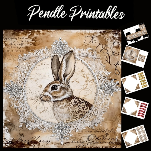 Crystal And Lace Rabbit/Hare 4 7x7 Card Kit. Matching Box, Gift Bauble,Tag