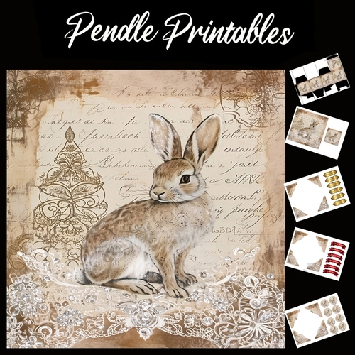 Crystal And Lace Rabbit/Hare 5 7x7 Card Kit. Matching Box, Gift Bauble,Tag