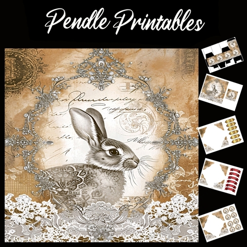 Crystal And Lace Rabbit/Hare 7 7x7 Card Kit. Matching Box, Gift Bauble,Tag