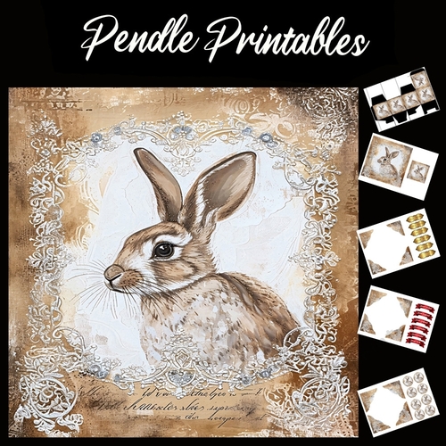 Crystal And Lace Rabbit/Hare 8 7x7 Card Kit. Matching Box, Gift Bauble,Tag