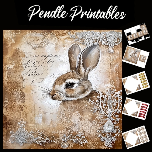 Crystal And Lace Rabbit/Hare 11 7x7 Card Kit. Matching Box, Gift Bauble,Tag